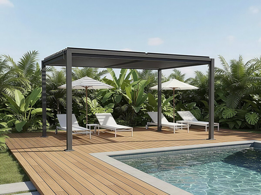 Pérgola bioclimática autoportante "Howard" con lamas orientables - 3 x 4 m - Gris