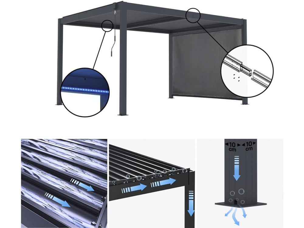 Pérgola bioclimática "Windsor premium" con led y toldo de aluminio - 3 x 4 m - Gris