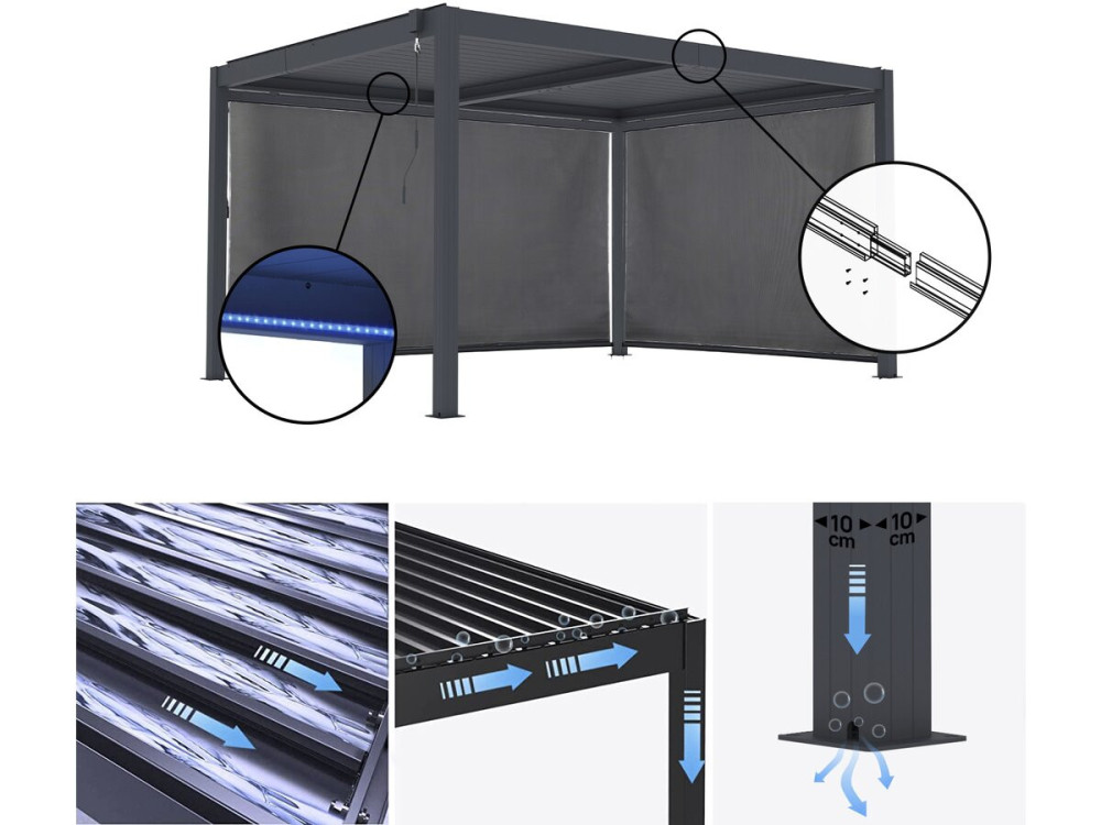 Pérgola bioclimática "Windsor premium" con led y 2 persianas de aluminio - 3 x 4 m - Gris