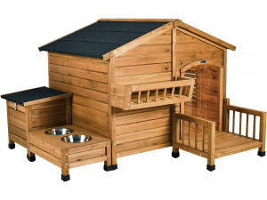 Caseta de perro de madera "oxidada" con pesebre y caja de almacenaje - 151 x 138 x 100 cm - Marrón