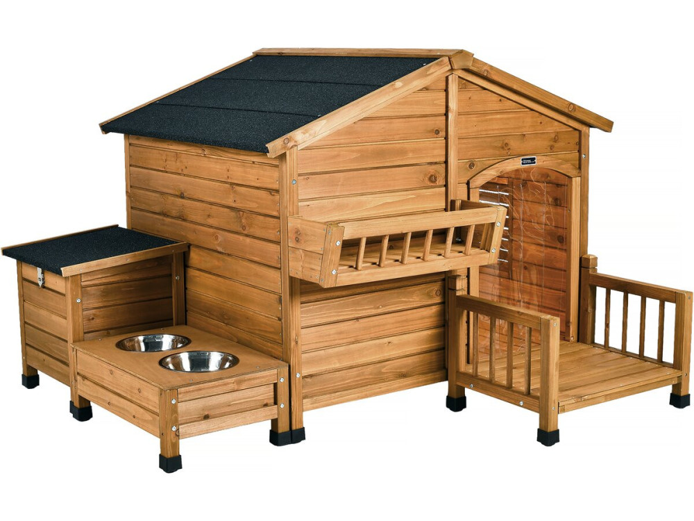 Caseta de perro de madera "oxidada" con pesebre y caja de almacenaje - 151 x 138 x 100 cm - Marrón