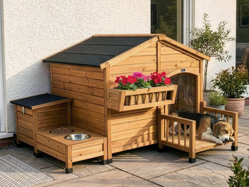 Caseta de perro de madera "oxidada" con pesebre y caja de almacenaje - 151 x 138 x 100 cm - Marrón