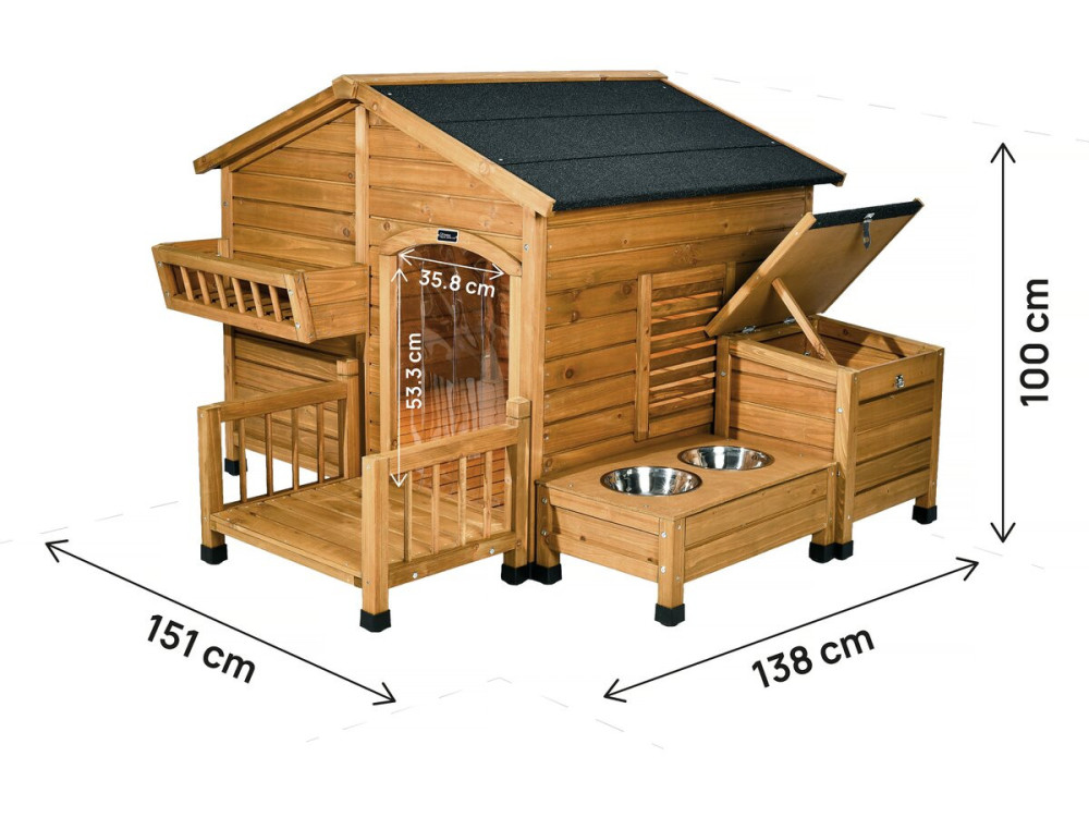 Caseta de perro de madera "oxidada" con pesebre y caja de almacenaje - 151 x 138 x 100 cm - Marrón