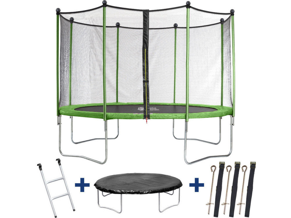 Trampolin / Cama elástica "Yoopi" - Ø 4.25 m - con red + escalera + cubierta de protección + kit de anclaje