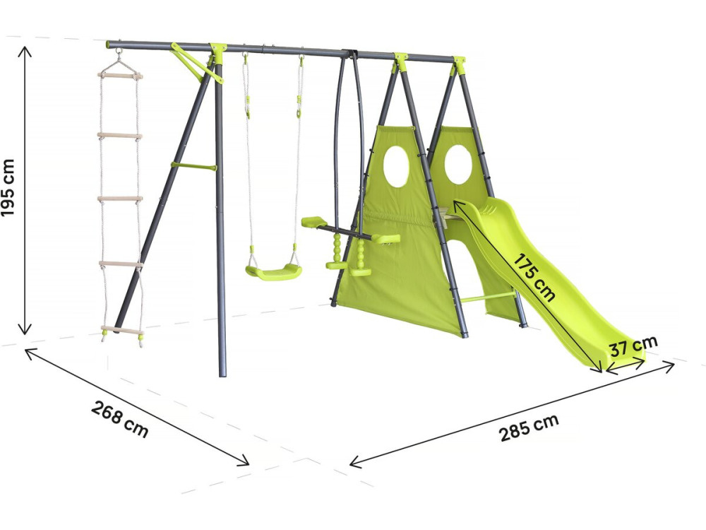 Estructura de juego metálica "Dany" con tobogán - 5 aparatos - Verde