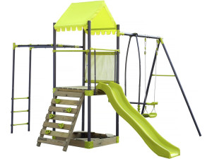 Columpio metálico "Lucien" con tobogán y arenero - Verde
