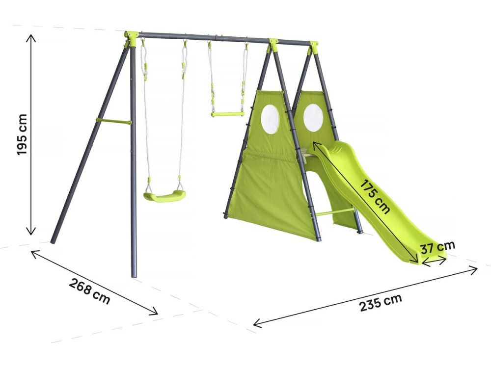 Estructura de juego metálica "Kylian" con tobogán - 4 aparatos - Verde