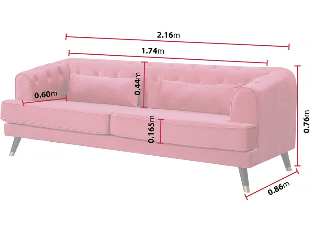 Sofá de terciopelo "Gloria" - 216 x 86 x 76 cm - 3 plazas - Rojo