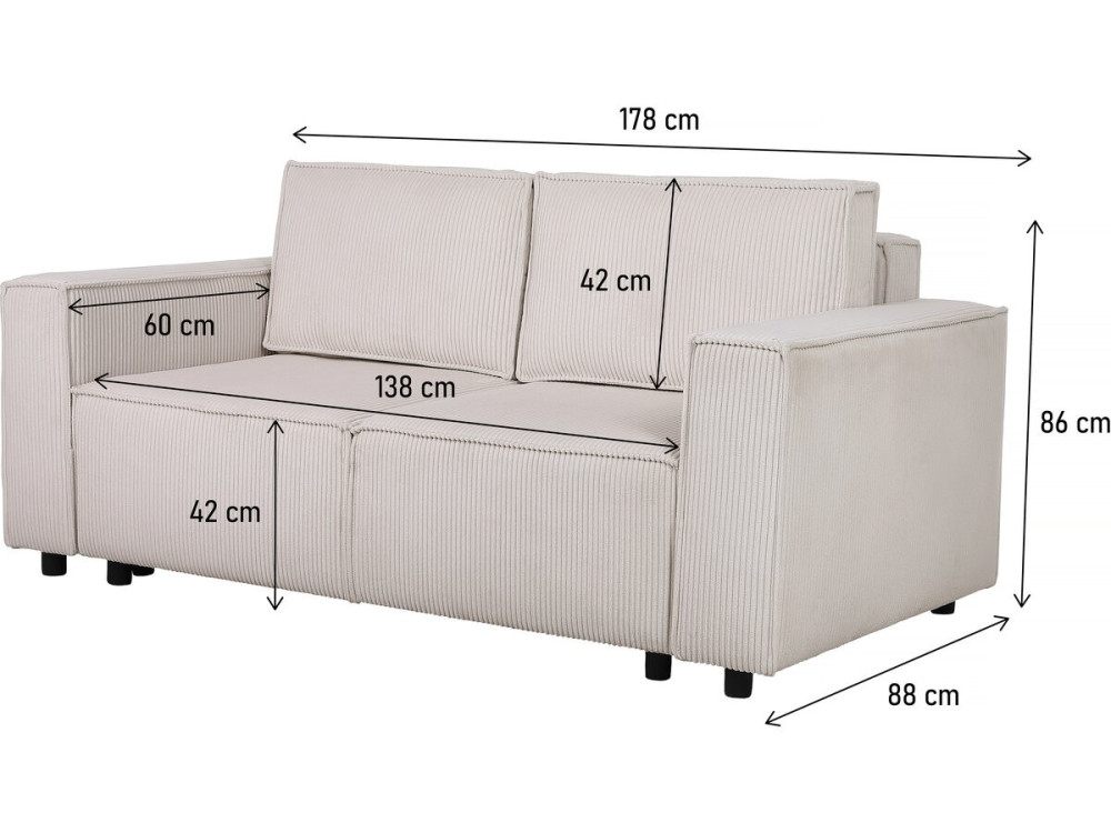 Sofá convertible recto en pana "Montaigne S" - 3 plazas - Beige