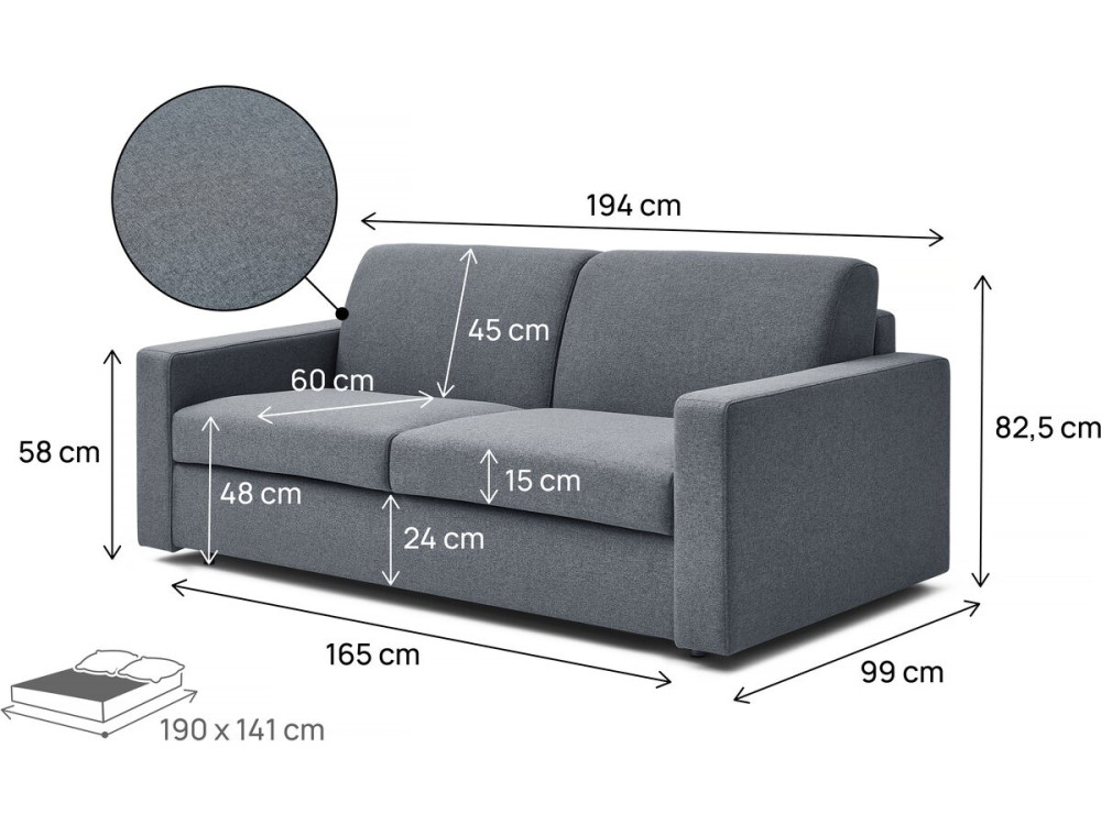 Sofá cama convertible express "Diana" de tela - Cama de 140 cm - 3 plazas - Gris