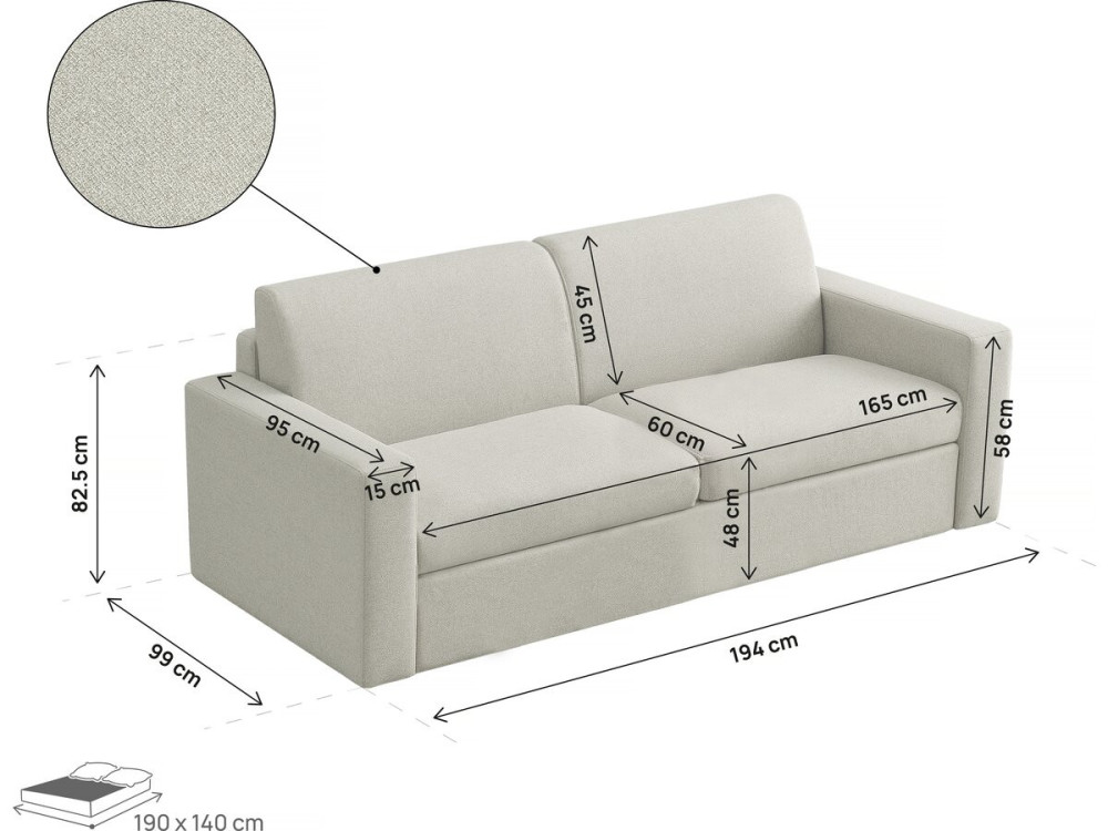 Sofá convertible Express "Diana" de tela - Zona de descanso de 140 cm - 3 plazas - Beige