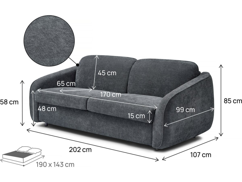 Sofá cama exprés "Laurie" en tejido texturizado - Cama de 140 cm - 3 plazas - Gris