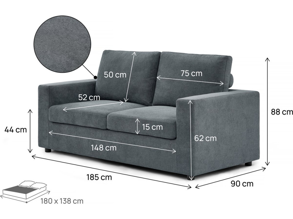 Sofá convertible Express "Elena" de tela - 3 plazas - Zona de descanso de 140 cm - Gris