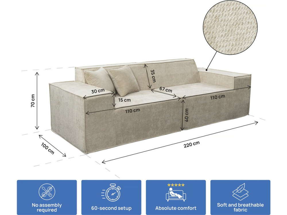 Sofá modular recto de 3 plazas en tejido texturizado "Lusso" - Beige