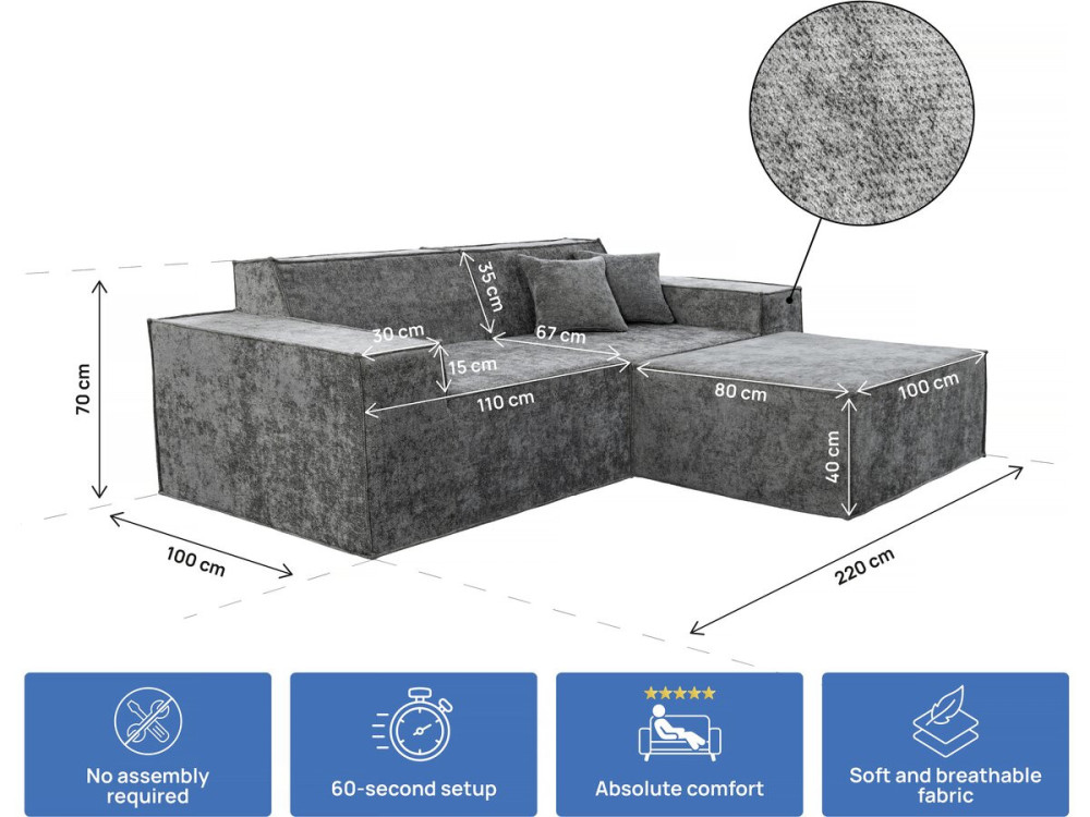 Sofá modular recto con otomana en tela texturizada "Lusso" - 3 plazas - Gris