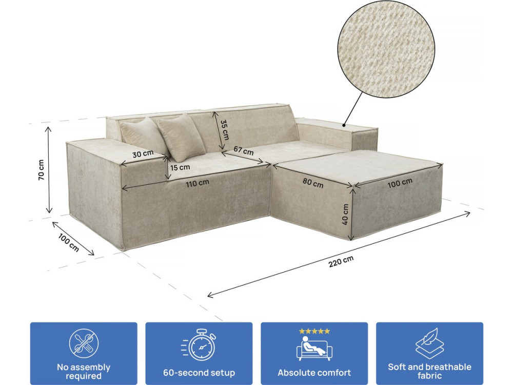 Sofá modular recto con otomana en tela texturizada "Lusso" - 3 plazas - Beige