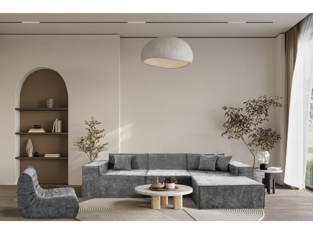 Sofá modular recto con otomana en tela texturizada "Lusso" - 4 plazas - Gris