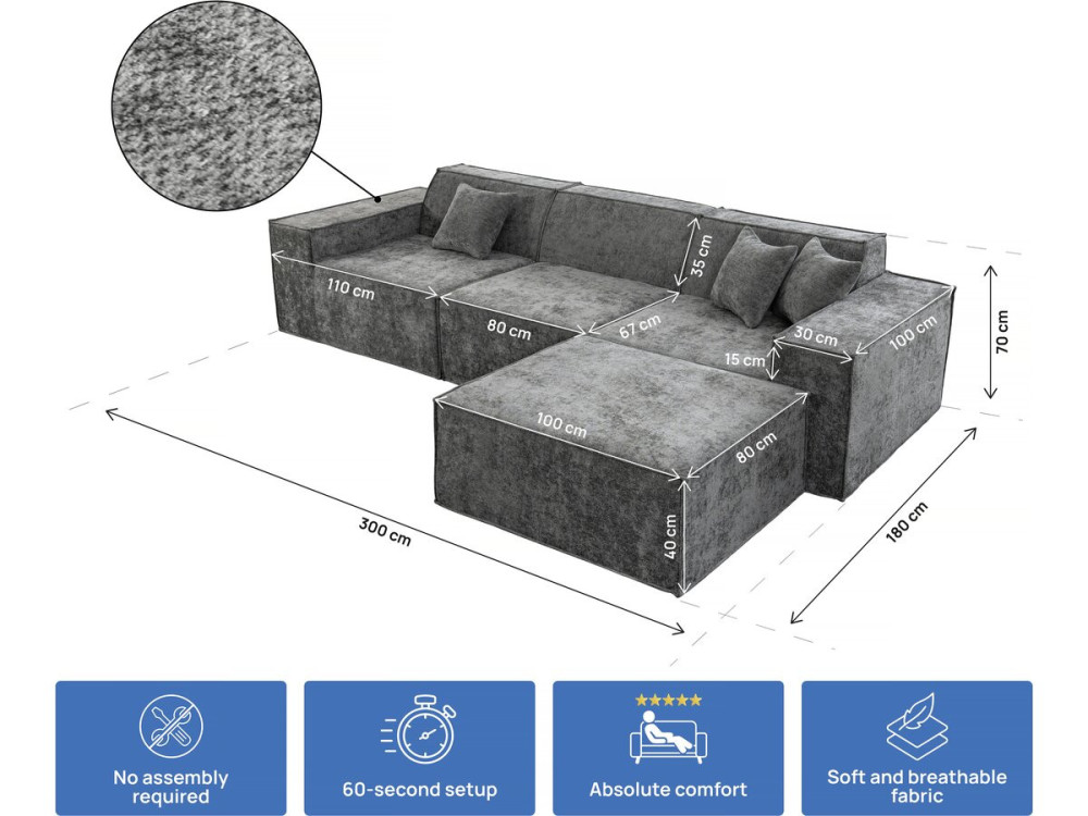 Sofá modular recto con otomana en tela texturizada "Lusso" - 4 plazas - Gris