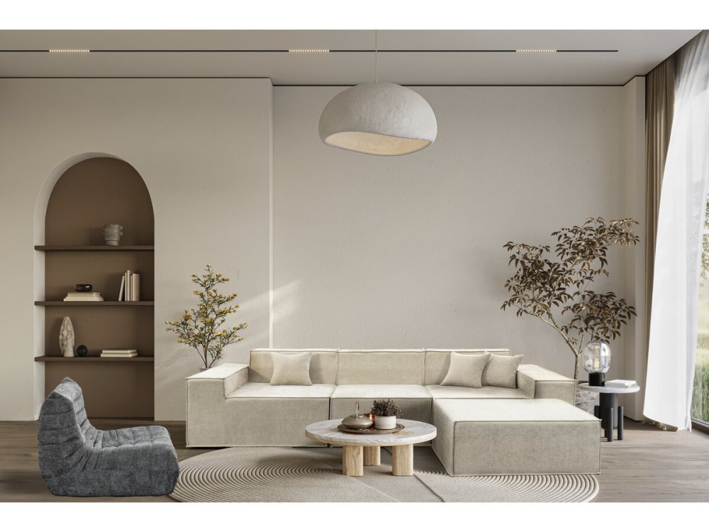 Sofá modular recto con otomana en tela texturizada "Lusso" - 4 plazas - Beige