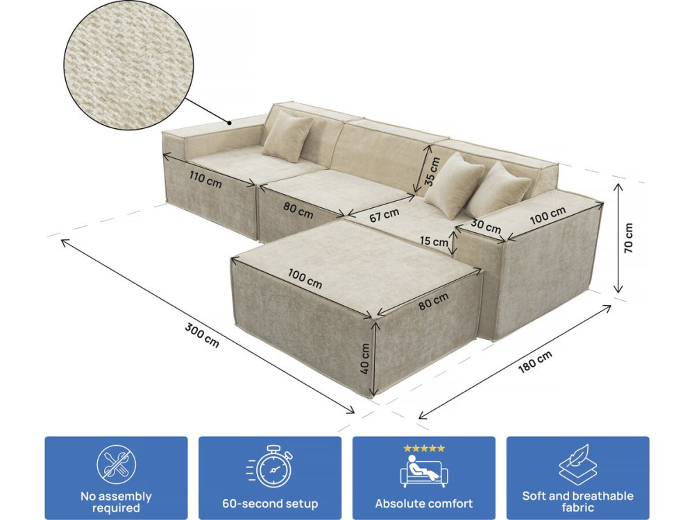 Sofá modular recto con otomana en tela texturizada "Lusso" - 4 plazas - Beige
