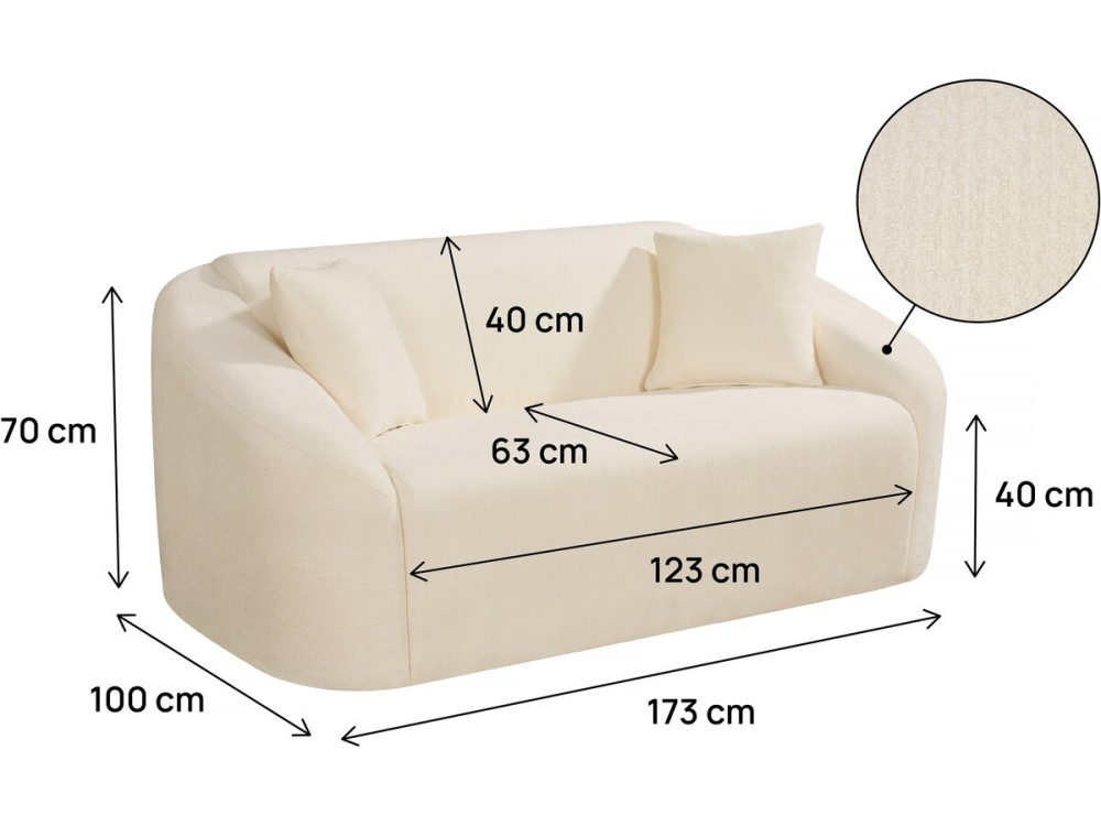 Sofá fijo recto de tela "Ondine" - 2 plazas - Beige