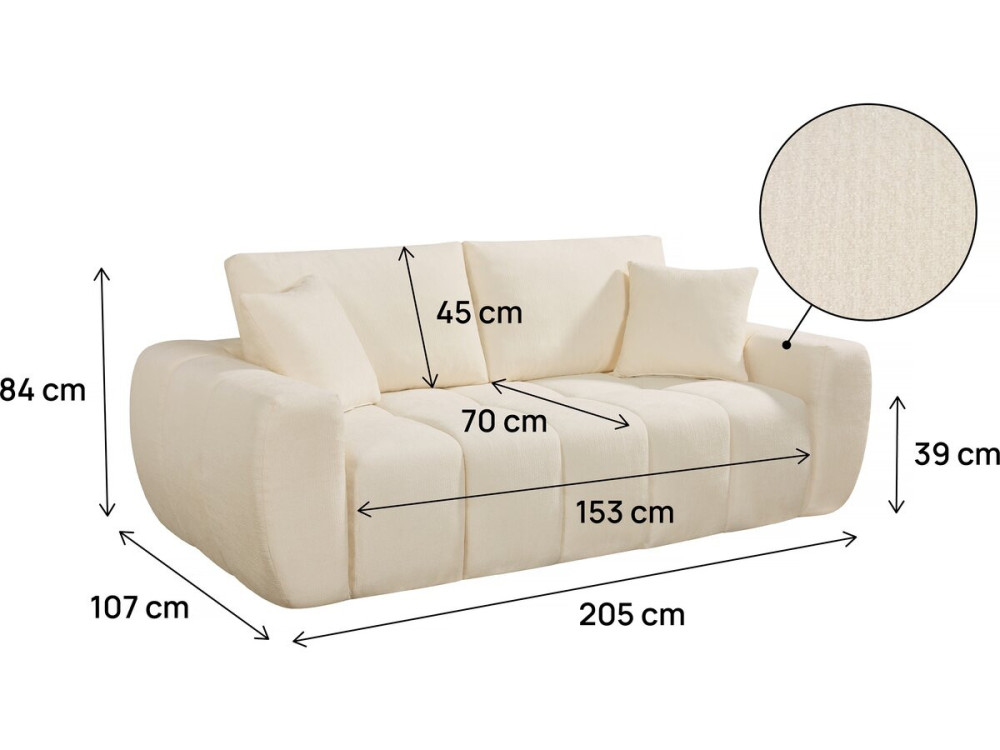 Sofá recto "Léonie" en tejido burbuja - 3 plazas - Beige