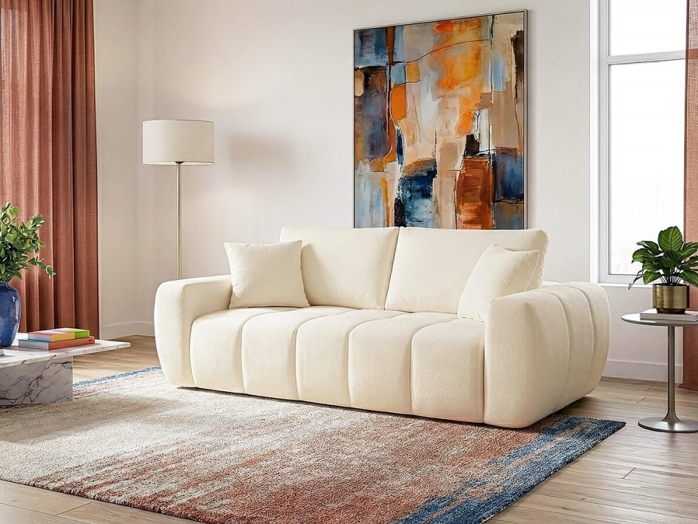 Sofá recto "Léonie" en tejido burbuja - 3 plazas - Beige