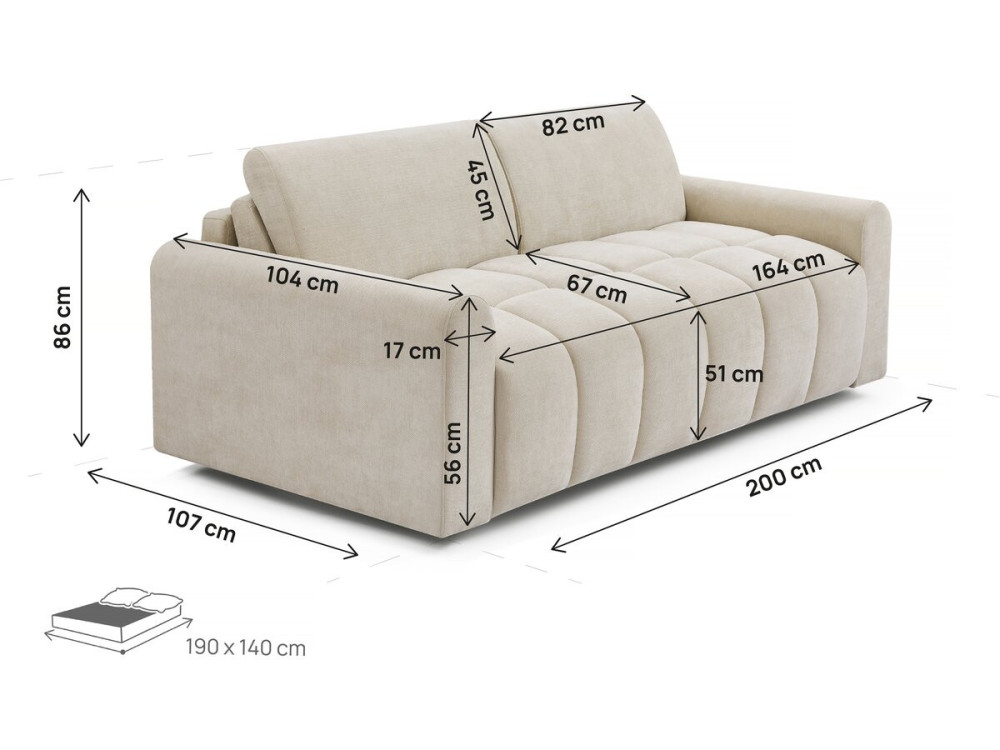 Sofá cama convertible exprés "Isadora" - Colchón 18 cm - Lecho 140 cm - 3 plazas - Beige