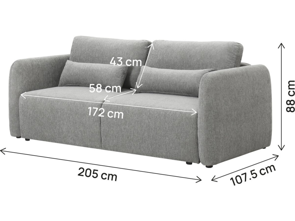 Sofá recto convertible de tela «Concorde» de 3 plazas - Gris