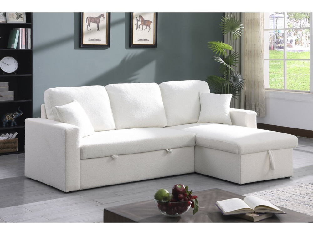 Sofá rinconera convertible/reversible con box  "Alain"- 3 plazas - Bouclettes - Blanco