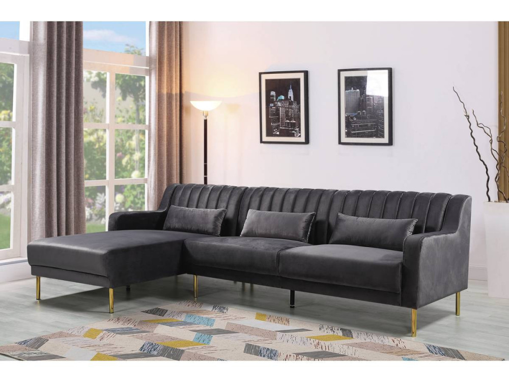 Sofá esquinero terciopelo - "Oliver" - 5 plazas - Gris - Esquina izquierda