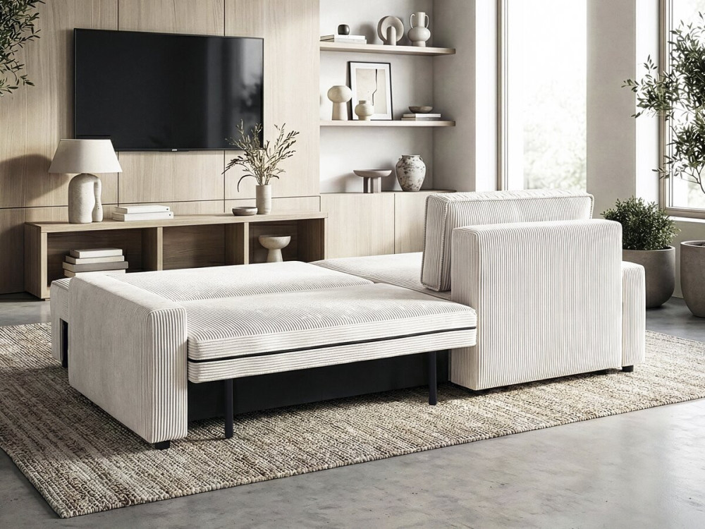 Sofá esquinero convertible y reversible de pana "Montaigne" - 3 plazas - Beige