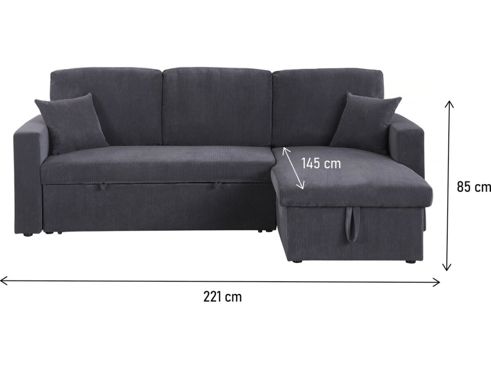 Sofá esquinero convertible de pana «Alain» - 3 asientos - Gris