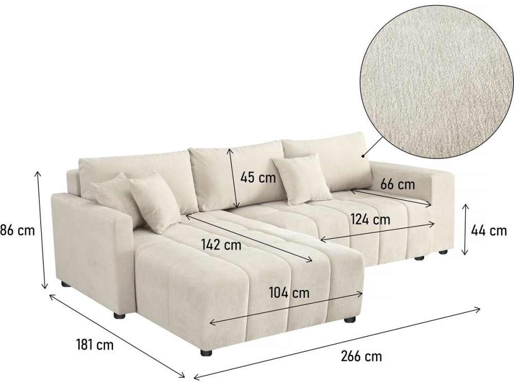 Sofá esquinero convertible de 3 plazas en tejido de chenilla - "Trocadero" - Beige
