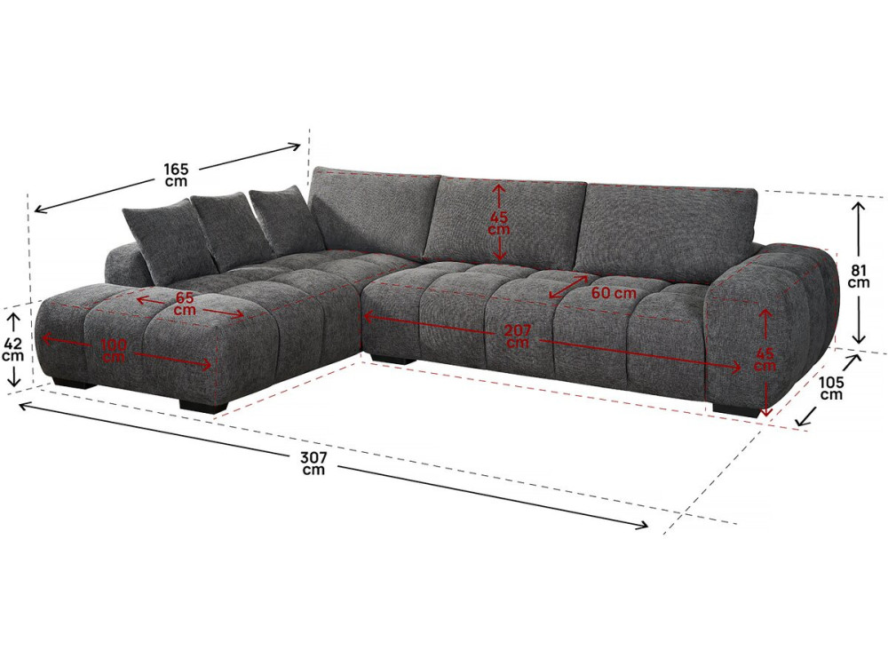Sofá esquinero de tela “Monceau” – 3 plazas – Gris