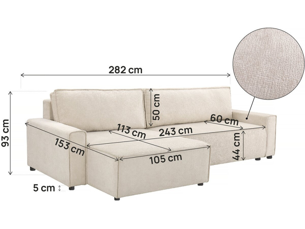 Sofá cama esquinero "Montaigne" de tela texturizada - 4 plazas - Beige