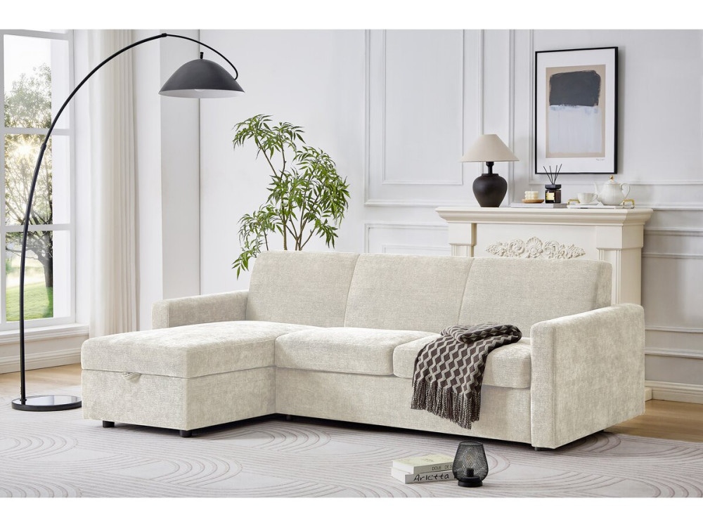 Sofá cama esquinero reversible "Celia" con mecanismo convertible exprés, tapizado en tela, 3 plazas, color beige