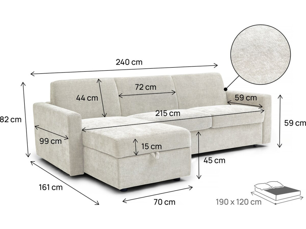 Sofá cama esquinero reversible "Celia" con mecanismo convertible exprés, tapizado en tela, 3 plazas, color beige