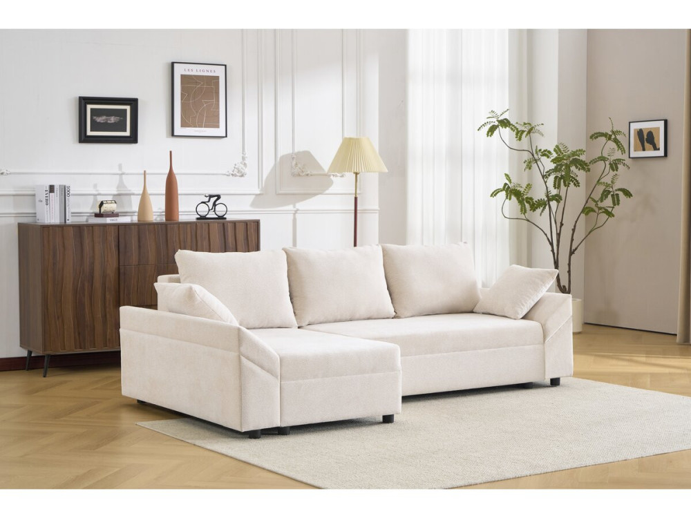 Sofá esquinero convertible y reversible "Vaugirard II" en tejido texturizado - 3 plazas - Beige