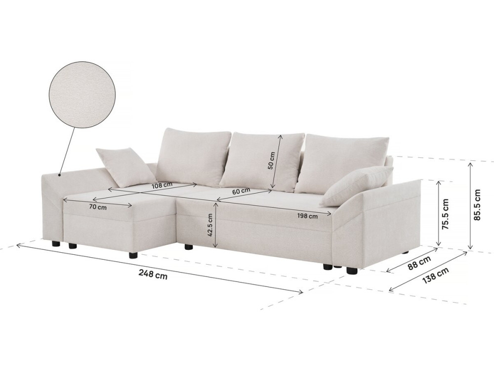 Sofá esquinero convertible y reversible "Vaugirard II" en tejido texturizado - 3 plazas - Beige
