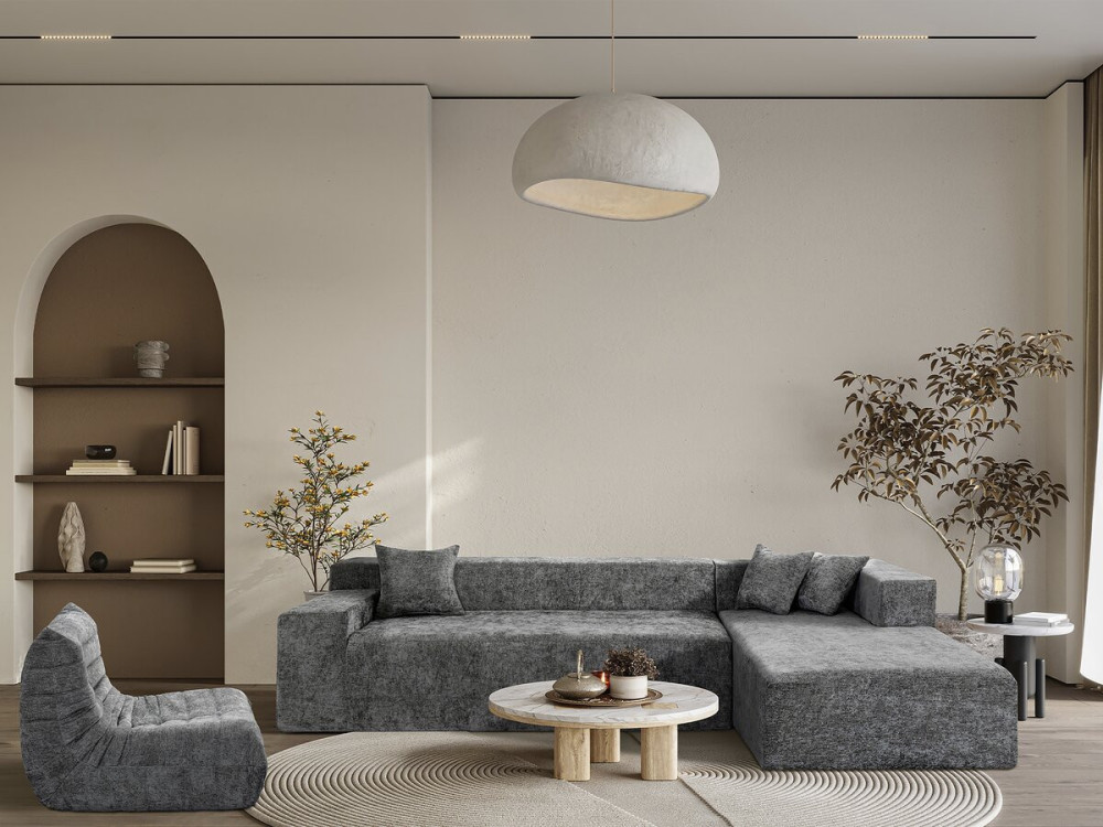 Sofá esquinero de tela texturizada «Tessaro» - 4 plazas - Gris