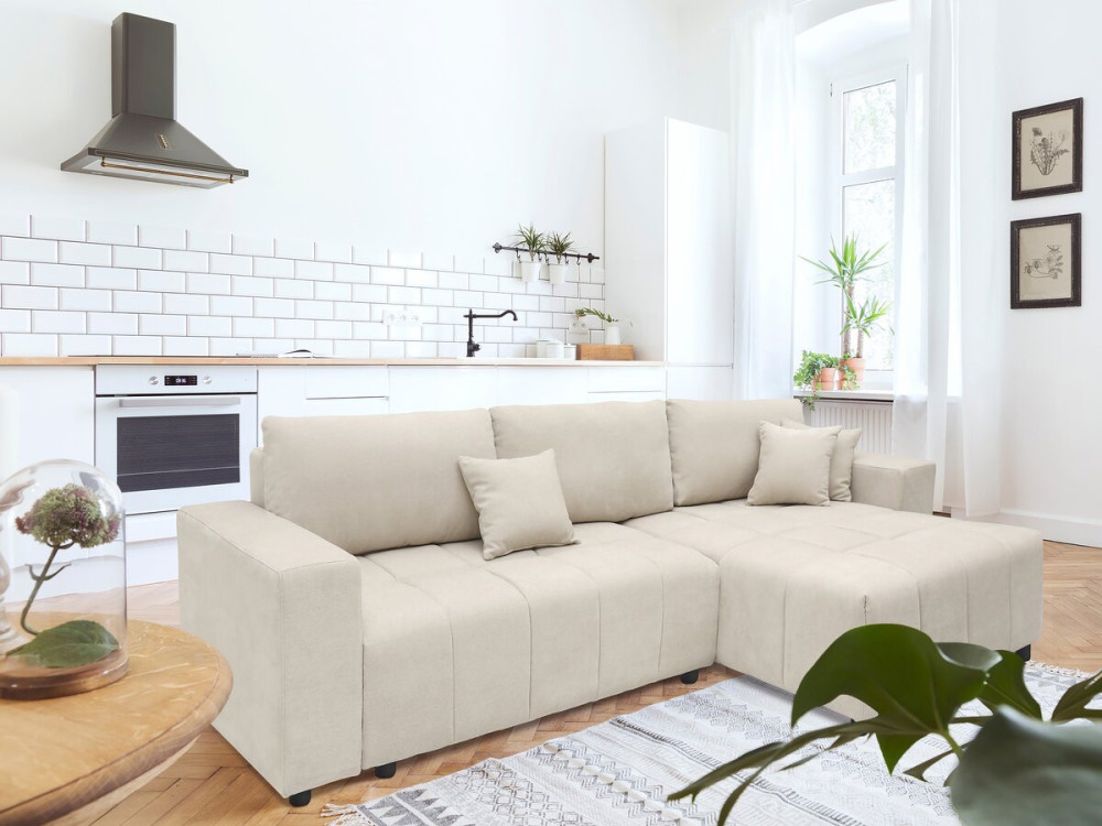 Sofá cama esquinero "George" 4 plazas estilo burbuja en tejido chenilla - Beige