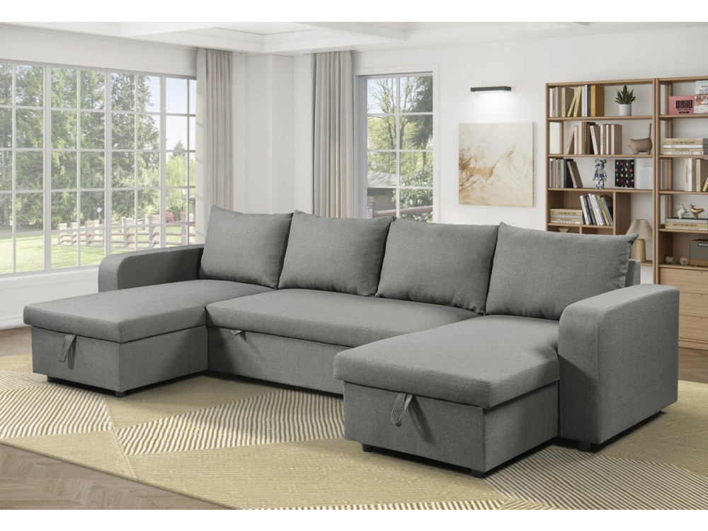 Sofá cama esquinero panorámico "Victor" de tela - 4 plazas - Gris