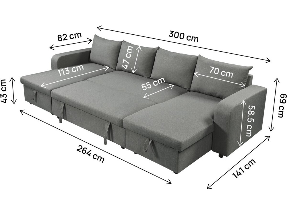 Sofá cama esquinero panorámico "Victor" de tela - 4 plazas - Gris