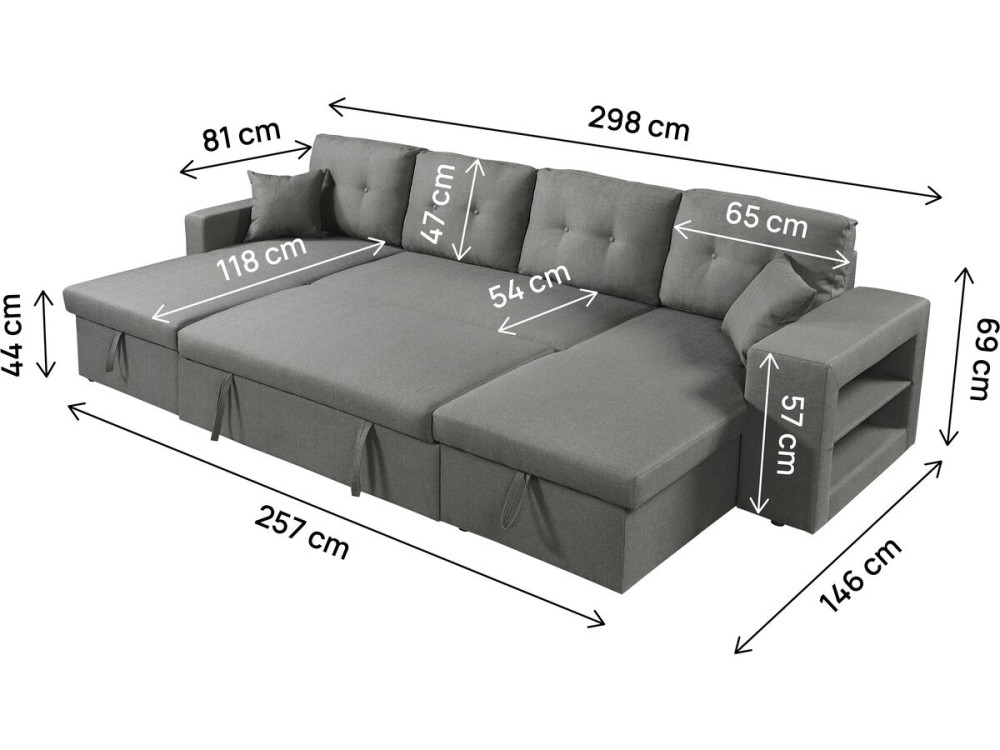 Sofá cama esquinero panorámico "Axel" de tela - 4 plazas - Gris