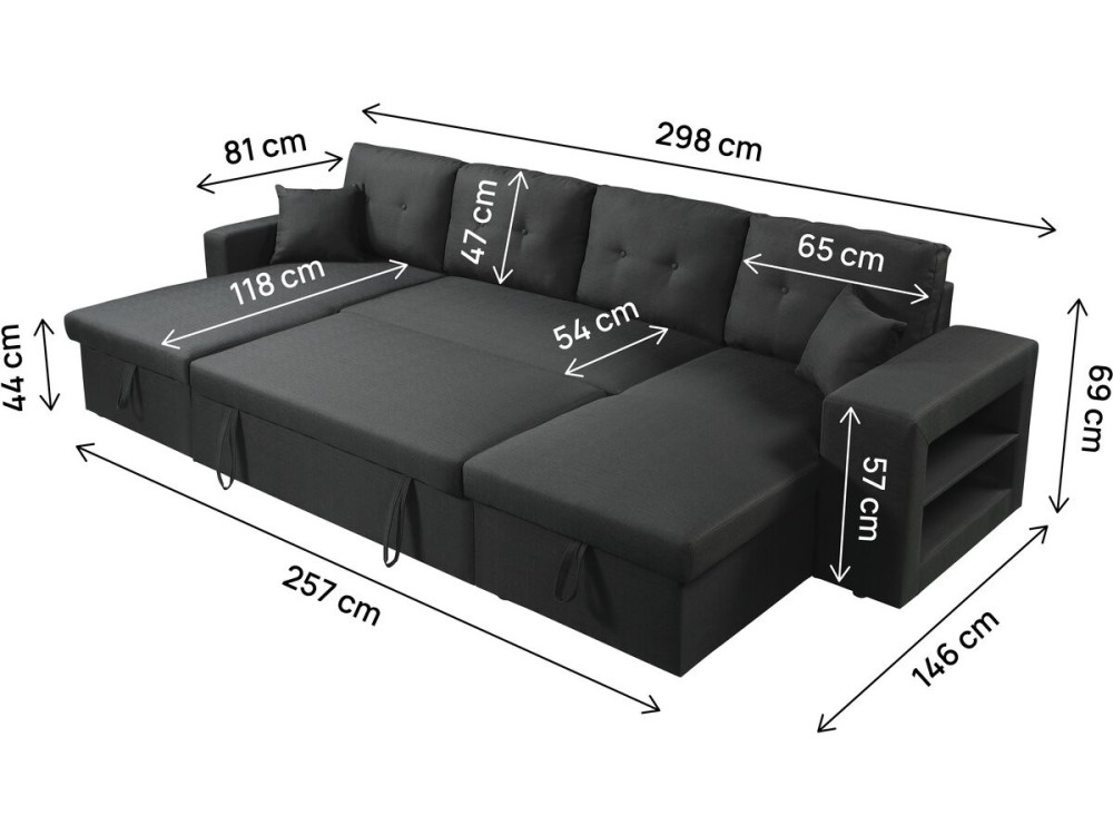 Sofá esquinero convertible de tela panorámica "Axel" - 4 plazas - Negro