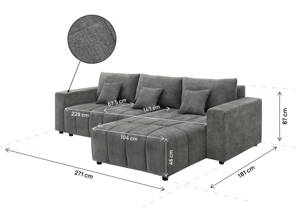 Sofá esquinero de tela reversible/convertible - "George" - 4 plazas - Gris