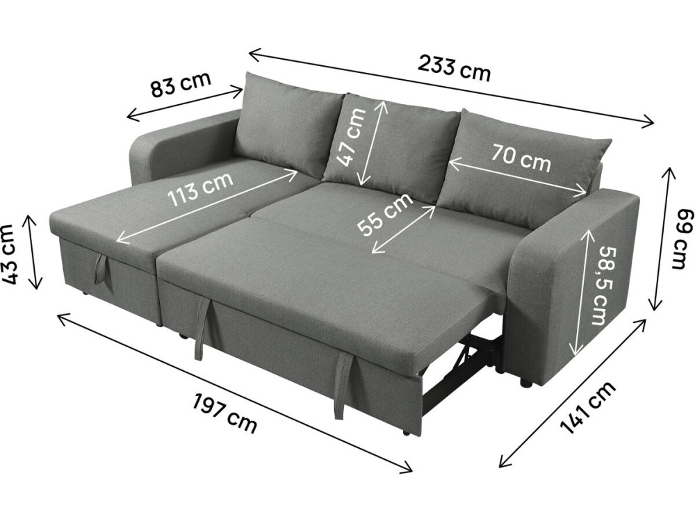 Sofá esquinero de tela reversible/convertible "Victor" - 3 plazas - Gris