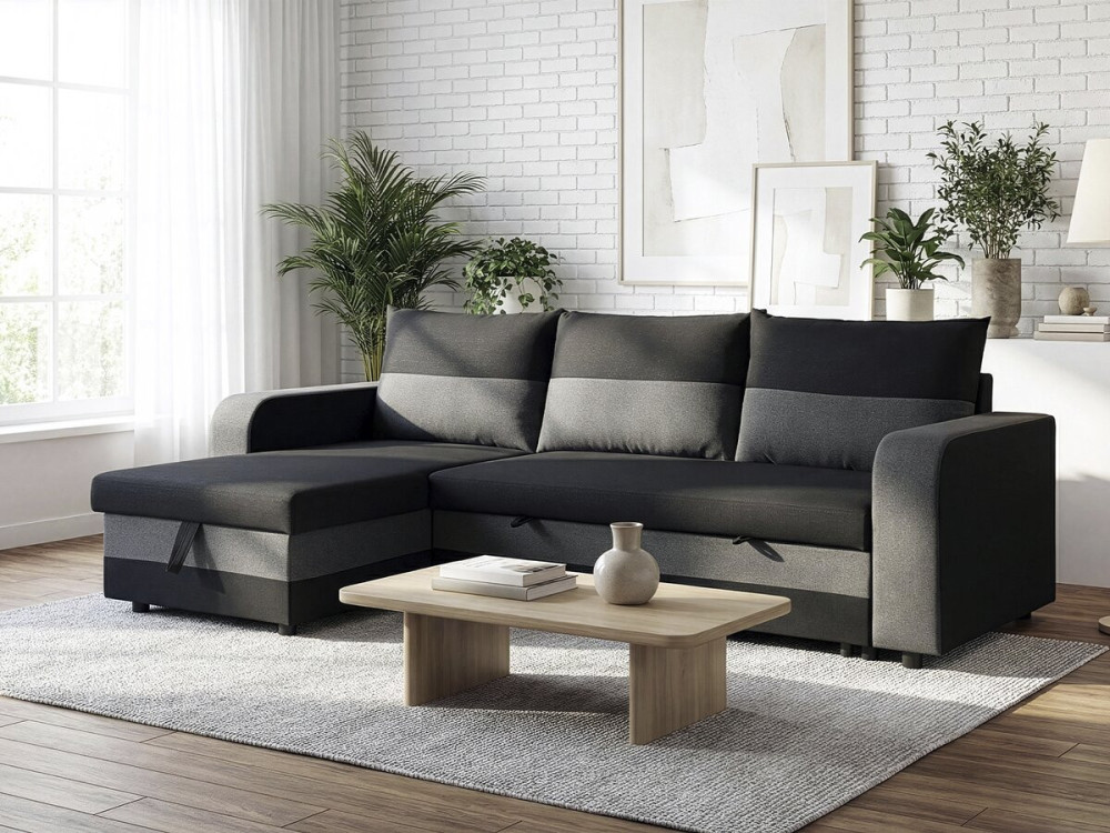 Sofá esquinero de tela reversible/convertible "Victor" - 3 plazas - Negro