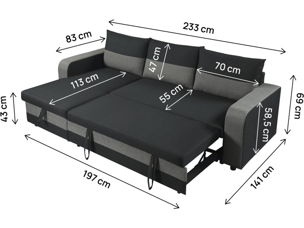 Sofá esquinero de tela reversible/convertible "Victor" - 3 plazas - Negro
